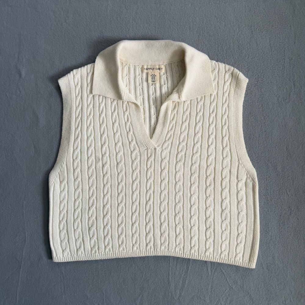 Happily Grey Sweater Vest Womens XL Cream Cable Knit Fall Preppy V-Neck